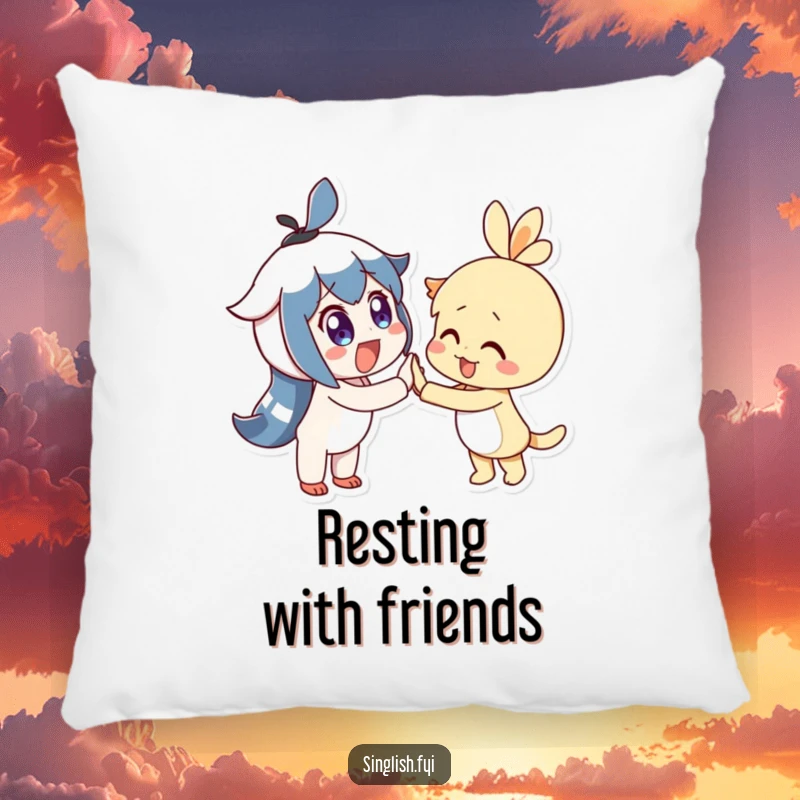 Funny Pillow depicts two delighted characters with wide eyes joyfully high-fiving, a soft and cheerful accent piece.