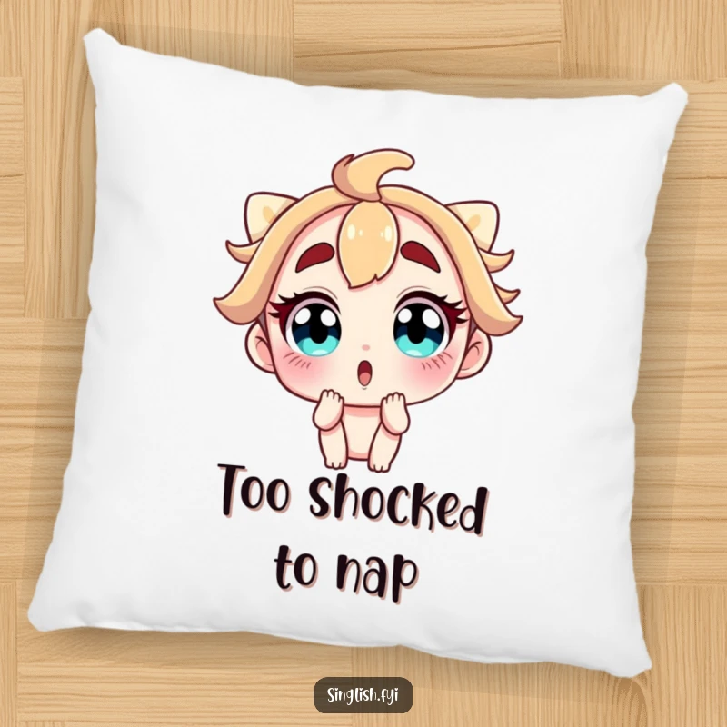 Funny pillow featuring a surprised character with wide eyes and raised eyebrows, offering comical comfort and a humorous decorative touch.