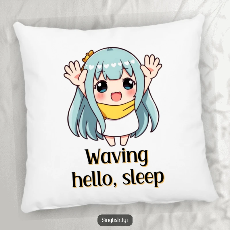 Funny pillow featuring a character waving both hands enthusiastically, offering plush comfort and a festive, joyful ambiance.