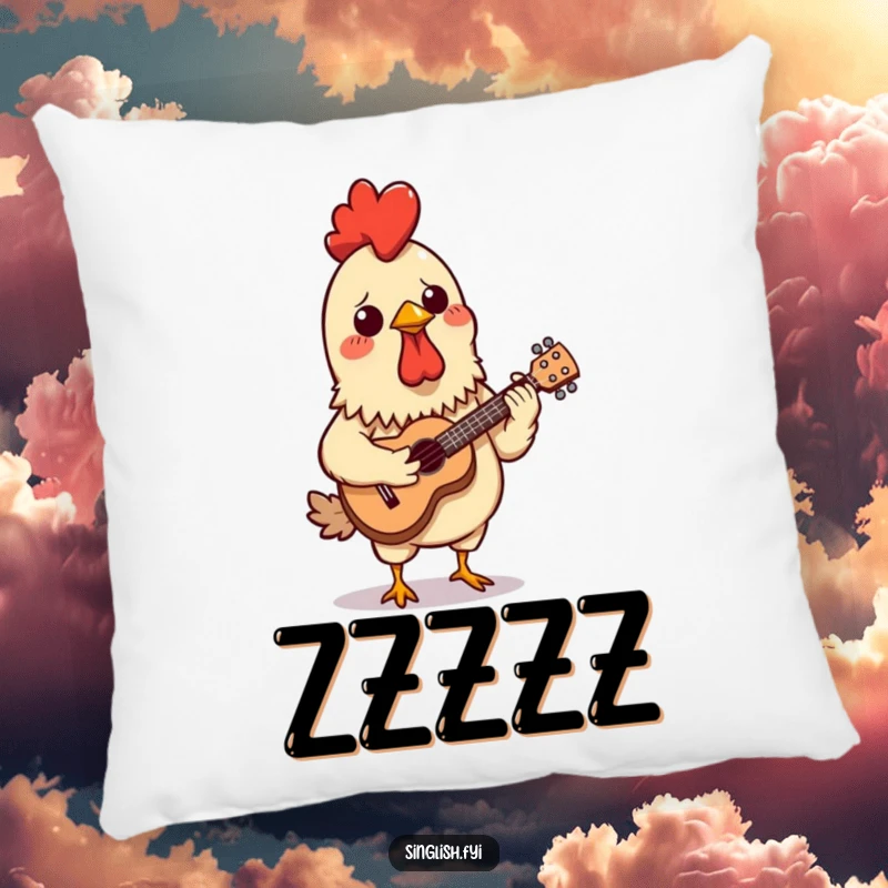Funny pillow showcasing a confused chicken satay skewer struggling to play a miniature ukulele, bringing soft, humorous decor.