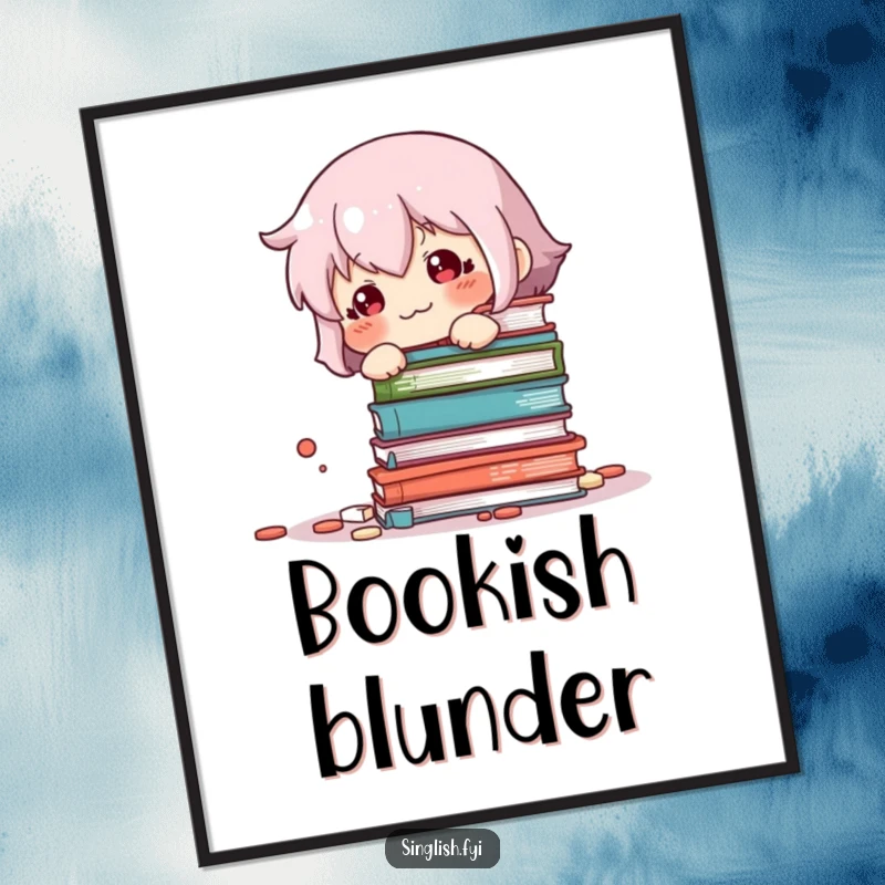 Funny Book Knockover Digital Art: High-resolution print of a sheepish character looking guilty by a toppled stack of books, embodying relatable humor.