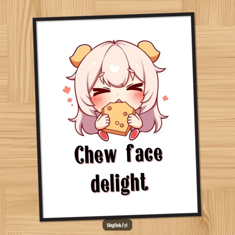 Funny Snack Face Digital Art Print: A high-resolution image of a character making a funny face while eating a snack, ideal for instant wall art.