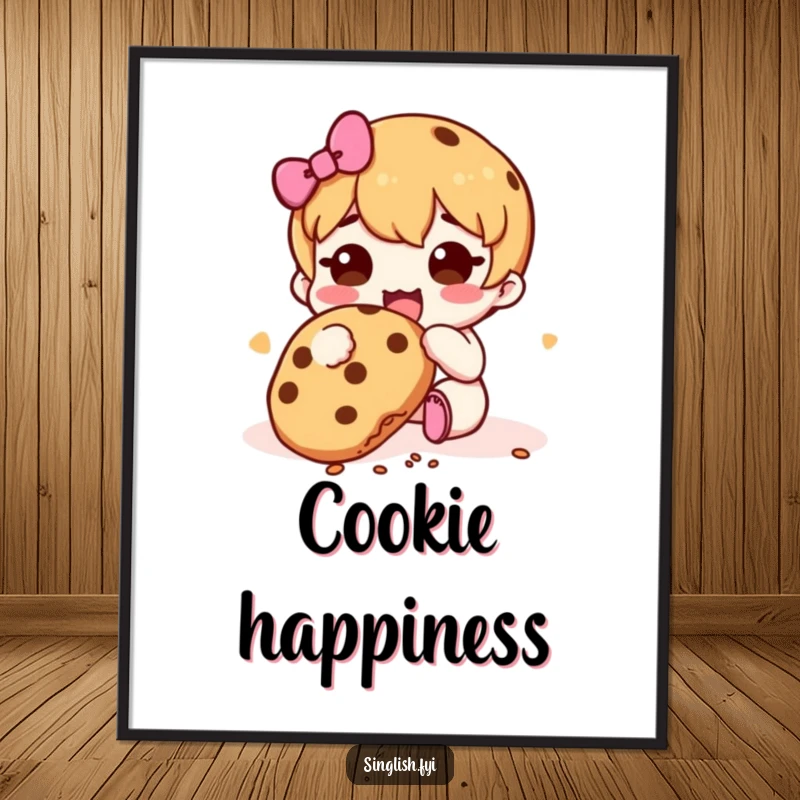 Funny Cookie Muncher Digital Art: High-resolution print of a character happily munching a cookie with crumbs falling, embodying pure treat enjoyment.