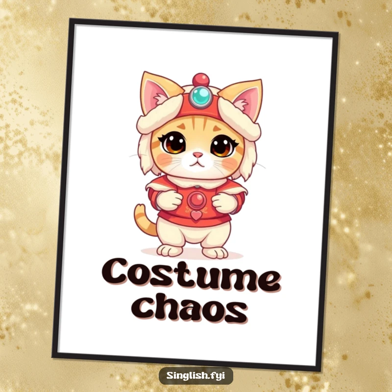 Funny Cat Digital Art Print: A bewildered cat in a lion dance costume looks confused, creating funny pet wall art, ideal funny gift download.