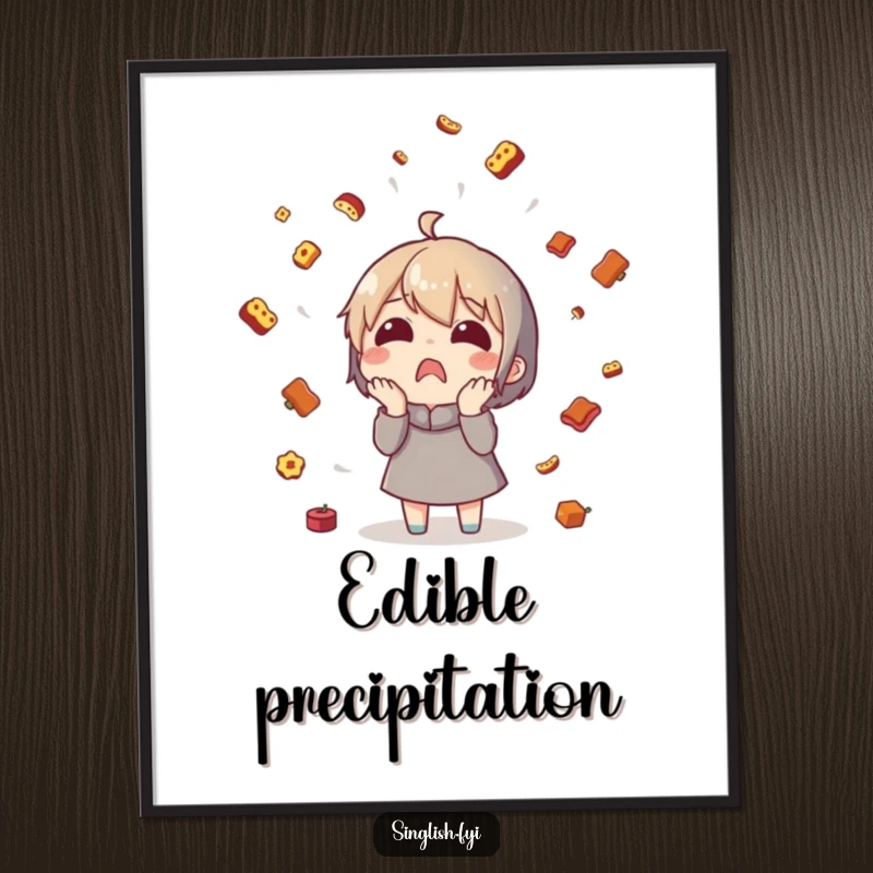 Funny food rain character digital art print of a surprised character in a food downpour, for instant decor.