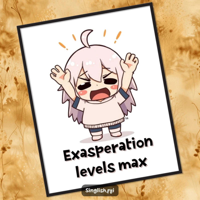 Funny digital art print of a character dramatically throwing hands up in mock exasperation, ideal for humorous wall decor.