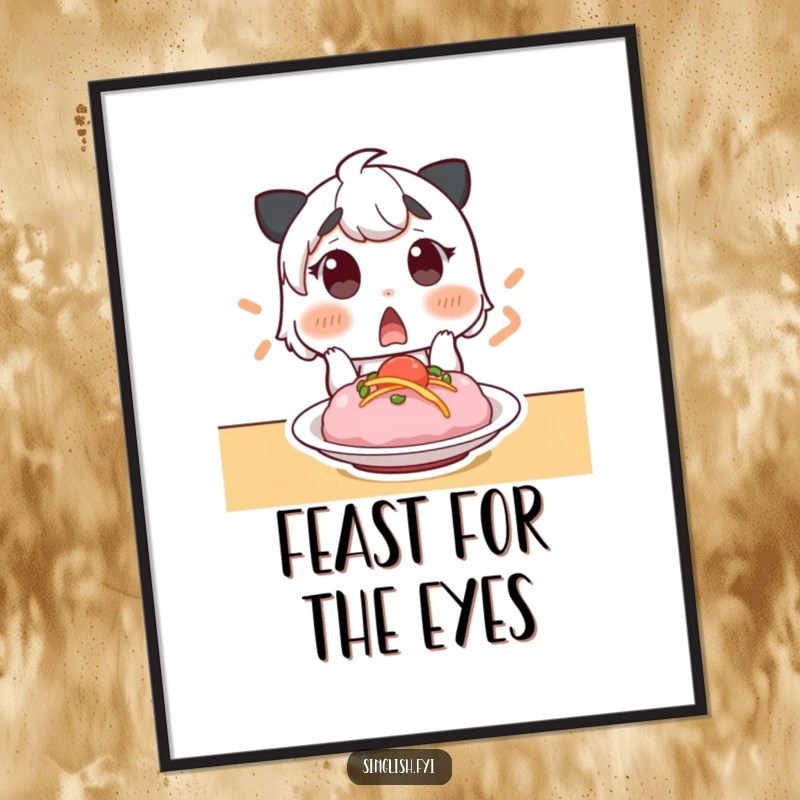 Funny digital art print of a surprised character gasping at a delicious dish. Instant humorous decor for food enthusiasts.