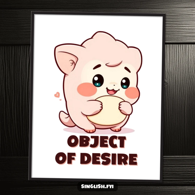 Funny digital art print of a cute character with a cheeky grin holding a lah, perfect for vibrant and humorous wall decor.