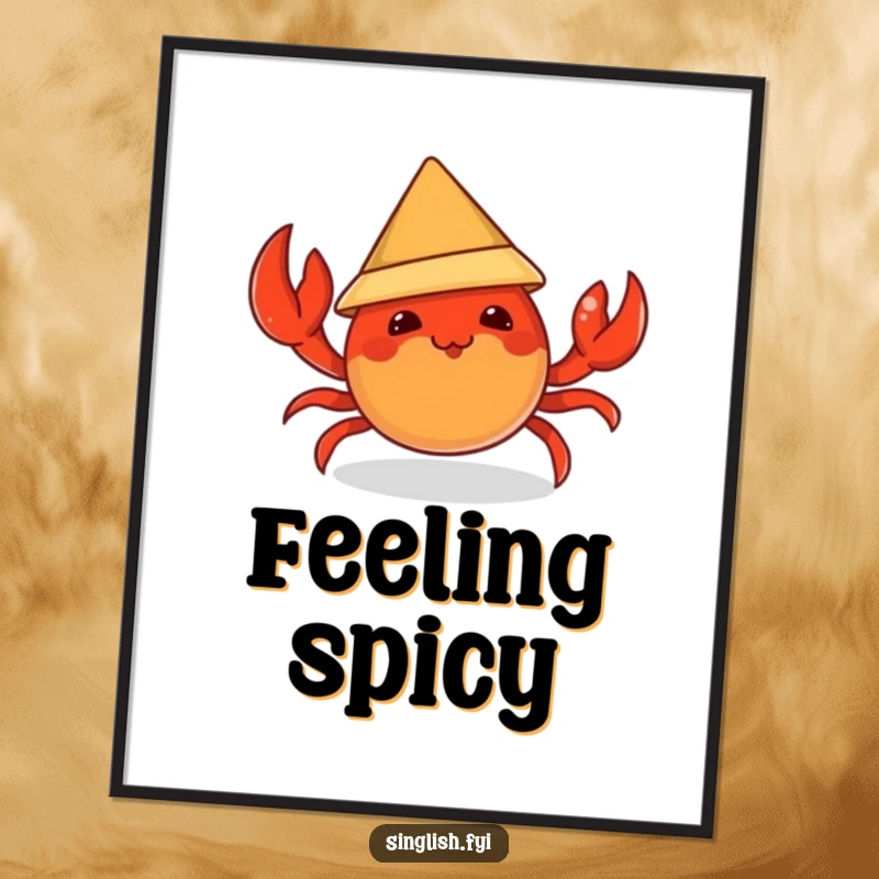 Funny digital art print of a mischievous chili crab character trying on a tiny conical hat, perfect for instant spicy and humorous decor.