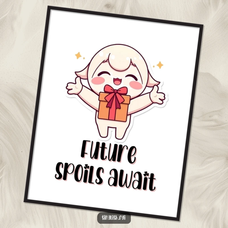 Funny Digital Art Print: Cute character with arms outstretched, comically expressing pure excitement for gifts.