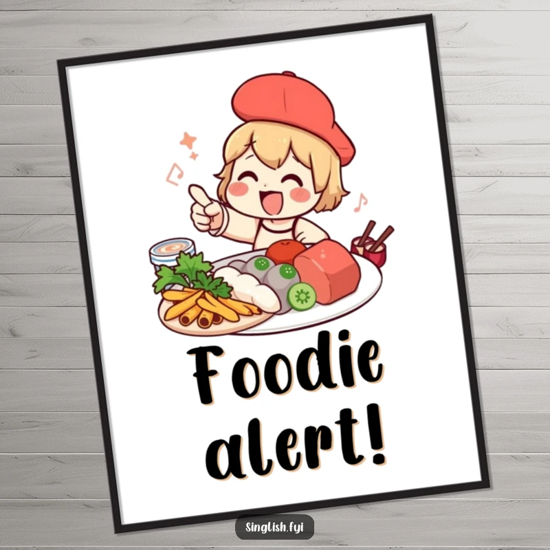 Funny foodie character digital art print pointing at delicious food, perfect for instant wall decor.