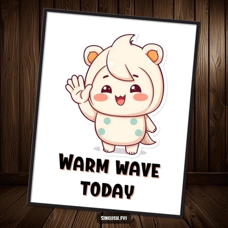 Funny digital art print of a character waving hello with a warm, inviting smile, ideal for instant download decor.