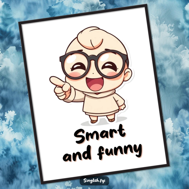 Funny digital art print showing a cute character with large round glasses pointing and laughing heartily, vibrant and humorous wall art.