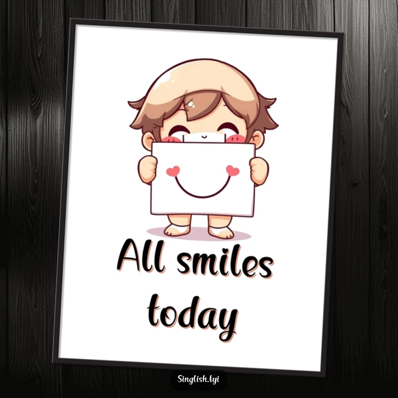 Funny digital art print of a character with a massive grin holding a smiley face sign, radiating pure joy and positive energy.