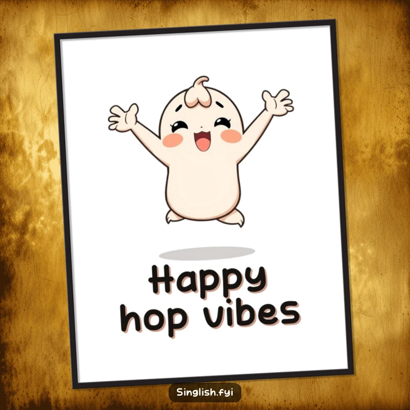 Funny digital art print of a character doing a happy hop with arms thrown wide, ideal for instant download decor.