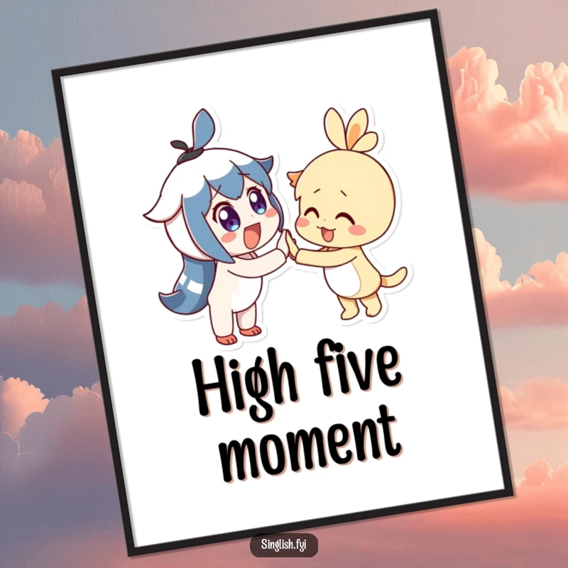 Funny Digital Art Print shows two delighted characters with wide eyes joyfully high-fiving, a downloadable piece of shared celebration.