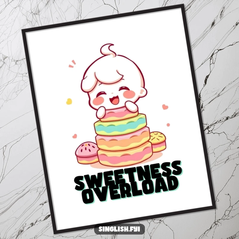 Funny digital art print of a character giggling while balancing a tall, colorful stack of kuih, perfect for immediate download and display.