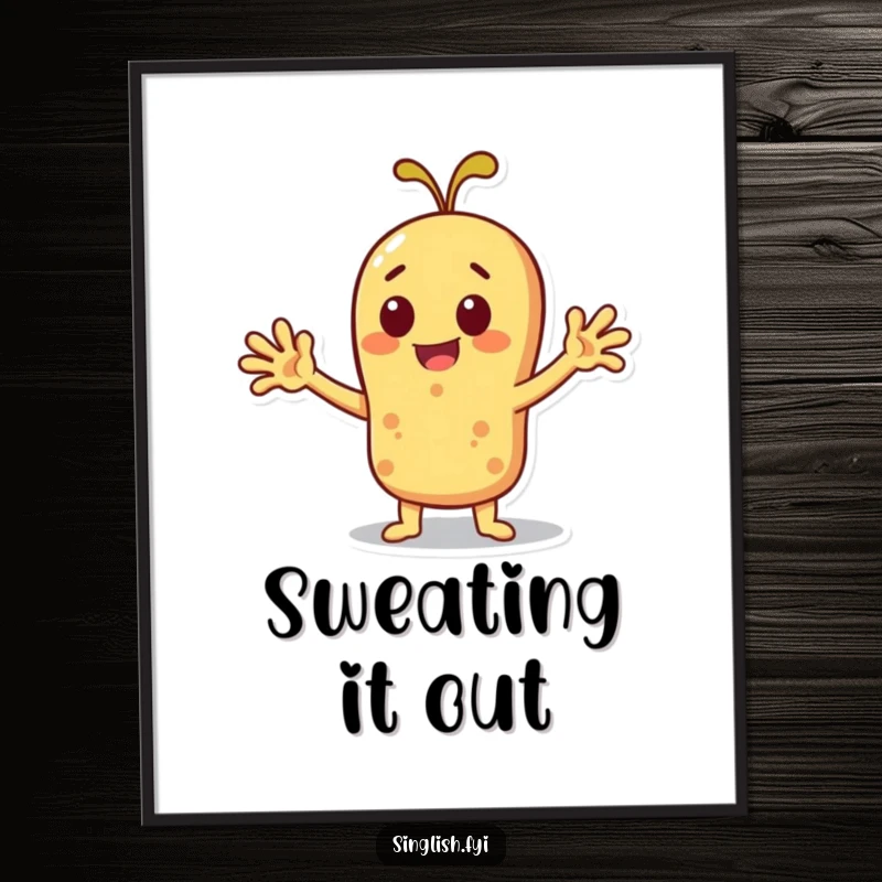 Funny cheerful roti character fanning itself with outstretched arms, presented as a digital art print.