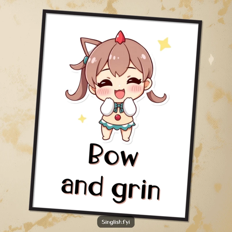 Funny digital art print of a character bowing triumphantly with a grin, ideal for instant download and celebratory decor.