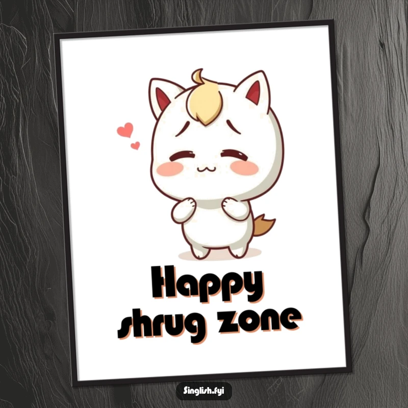 Funny digital art print of a character shrugging with a happy, confused expression, ideal for instant download decor.
