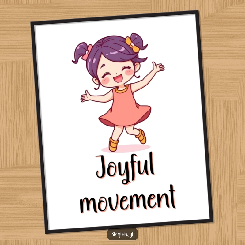 Funny character digital art print dancing energetically with a carefree smile, ideal for humorous and lively wall decor.