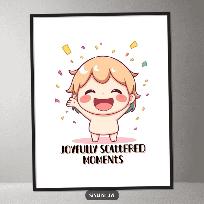 Funny digital art print of a joyful character with a big smile, throwing confetti. Instant humorous and festive decor.
