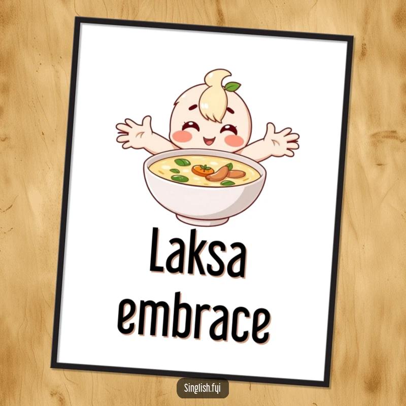 Funny digital art print of a happy character embracing a bowl of laksa, celebrating comfort food joy.