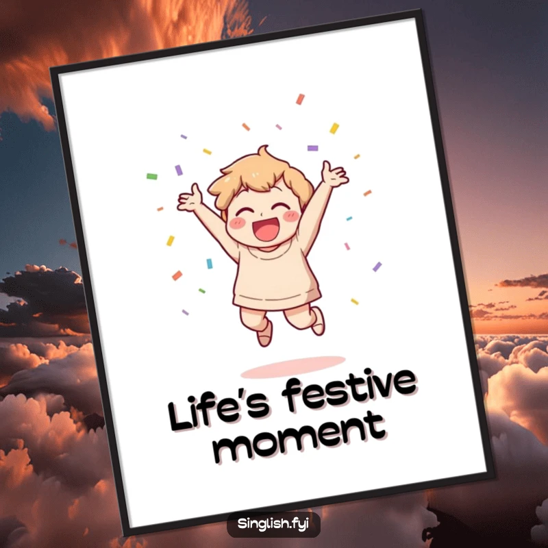 Funny Celebration Digital Art: A character jumps with joy, throwing confetti, perfect for instant, funny, festive wall decor.