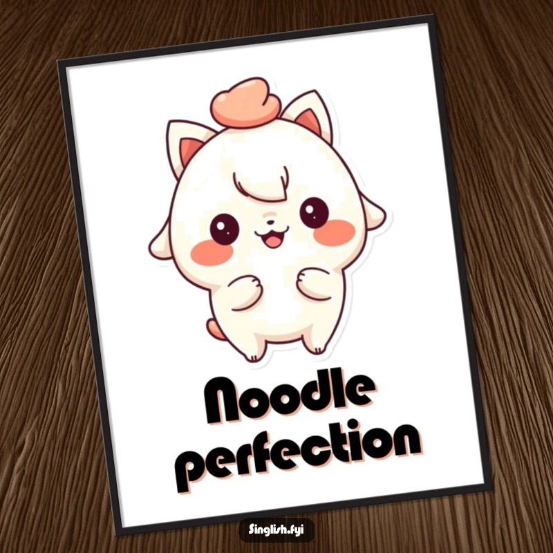 Funny digital art print of a playful character with a cheeky smile, holding mee pok, perfect for adding humor.