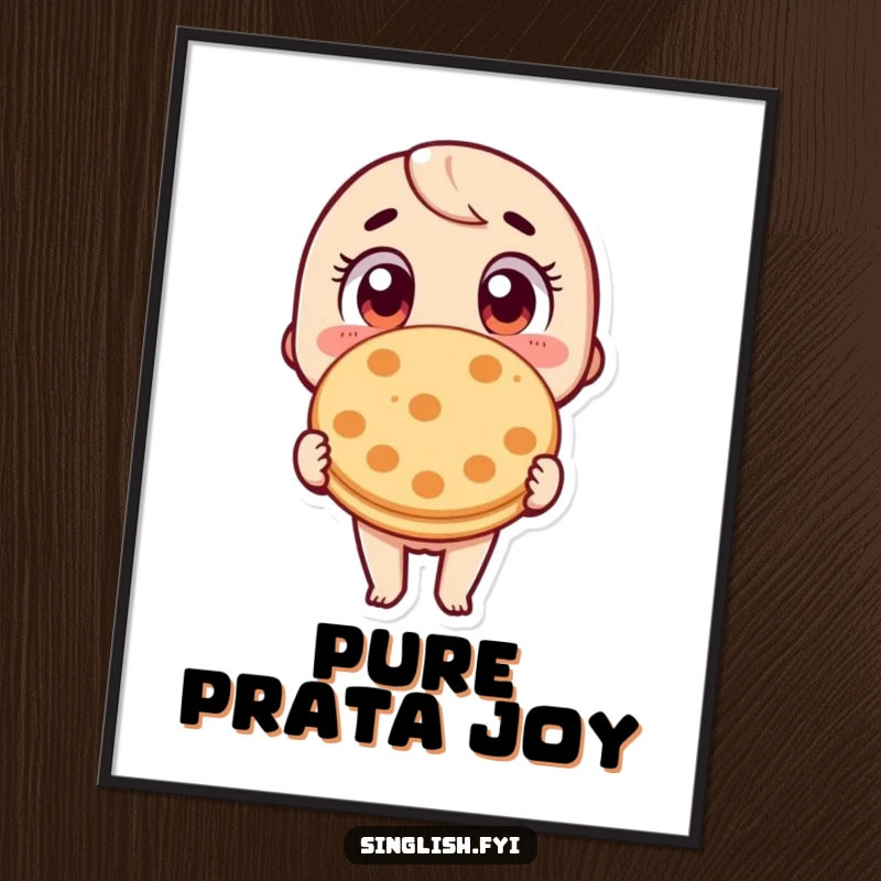 Funny Roti Prata Digital Art: Printable art of a character with wide eyes, holding a roti prata, perfect for foodie-themed humorous decor.