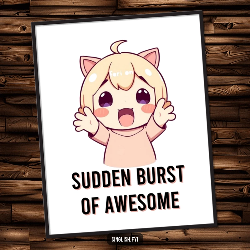 Funny Digital Art Print: A character in delighted surprise, hands up. Instant humor for your decor.