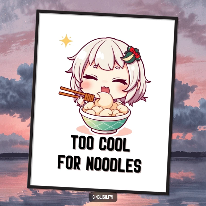 Funny digital art print of a character giving a charming wink while presenting a delicious plate of mee goreng, ready for immediate display.