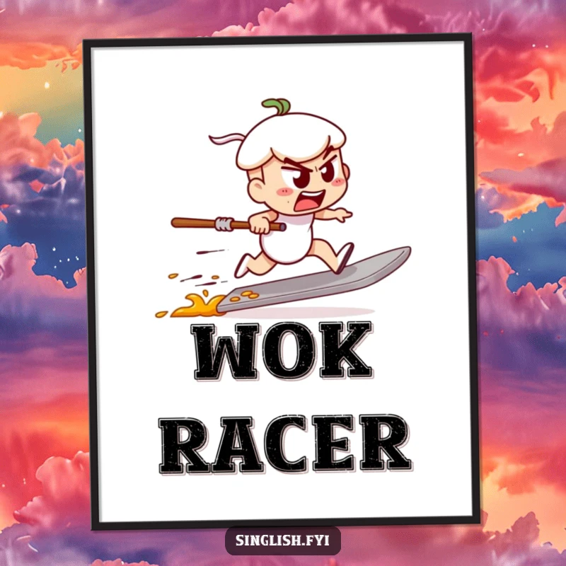 Funny digital art print of a determined char kway teow character speed racing on a spatula, perfect for instant energetic and humorous decor.