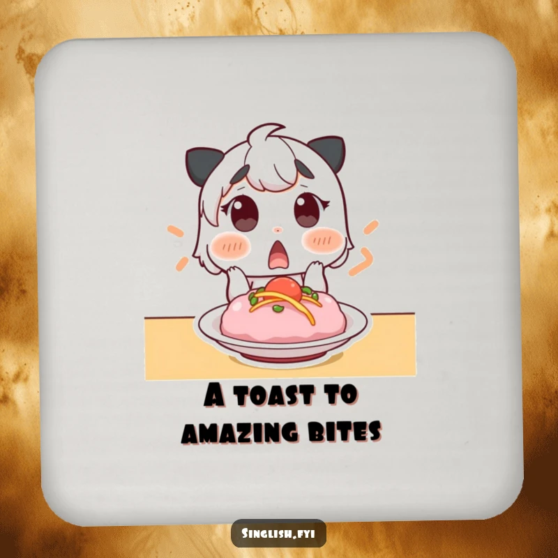 Funny drink coaster set featuring a surprised character gasping at a delicious dish, adding a humorous touch to tables.