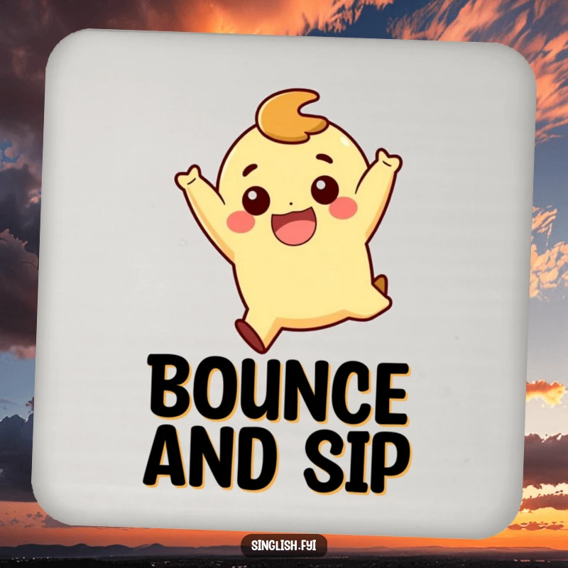 Funny Playful Jump Coaster: A protective coaster featuring a character in a playful jump with a big smile, adding joy to any surface.