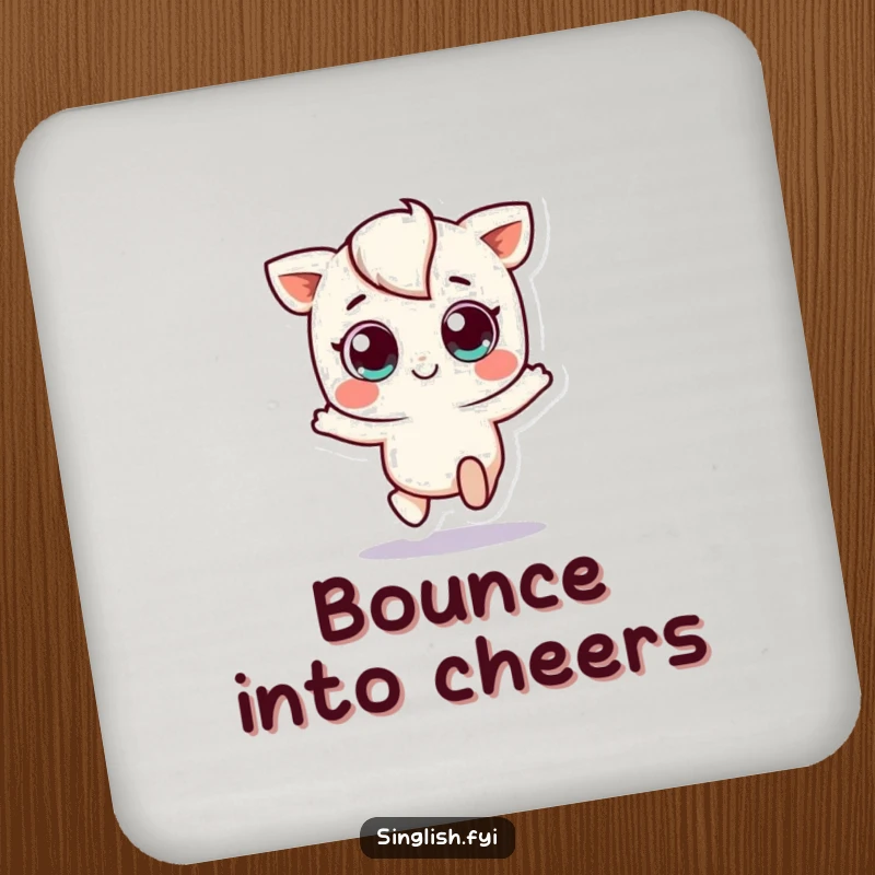 Funny drink coaster featuring a small, big-eyed character in a playful hop, protecting surfaces with an injection of cute, joyous energy.