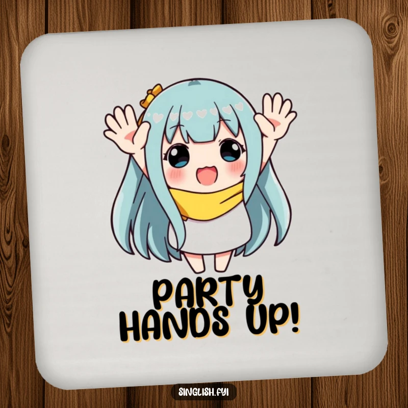 Funny drink coaster with a character waving both hands enthusiastically, protecting surfaces while adding a festive and joyful element.