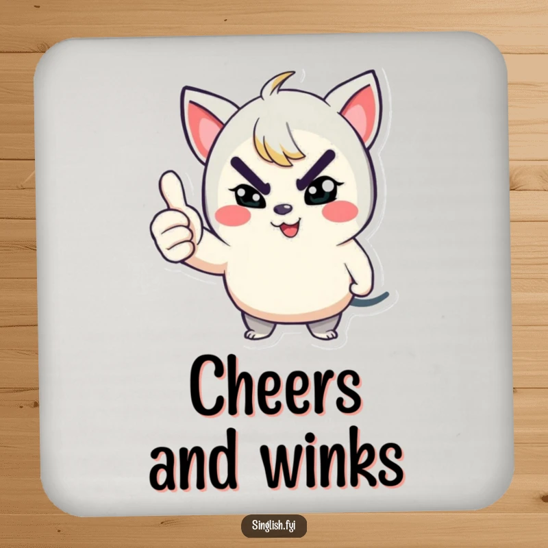 Funny drink coaster illustrated with a playful character winking with a mischievous grin and giving a thumbs up, protecting surfaces humorously.