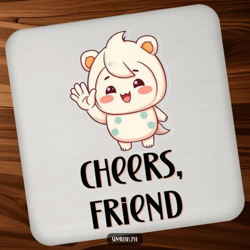 Funny coaster of a character waving hello with a warm, inviting smile, perfect for surface protection and warmth.
