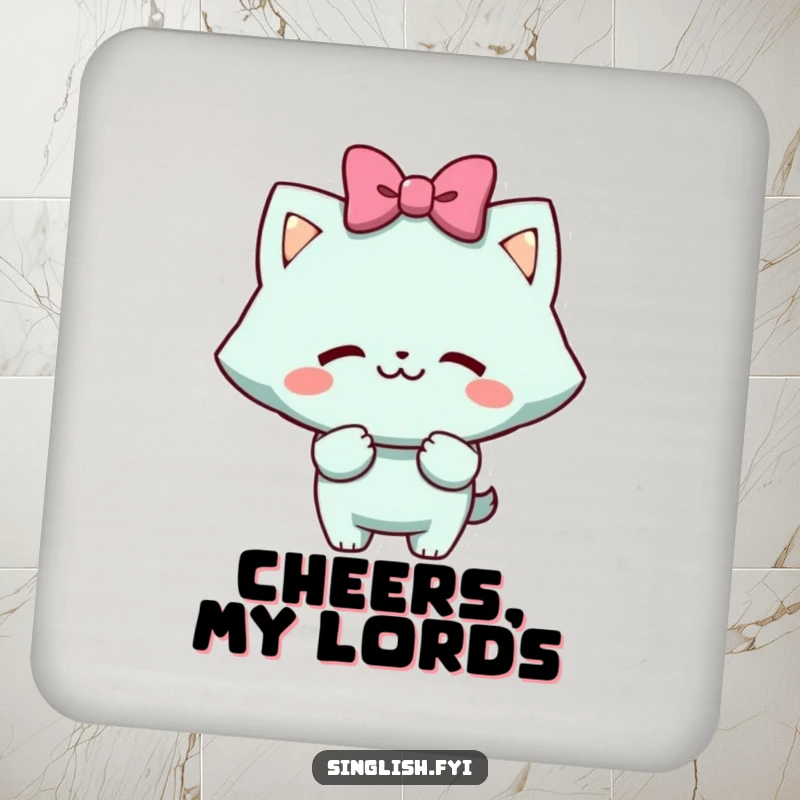 Funny Coaster Set: Character with a cheeky grin doing a mock bow, protecting tables with humor.