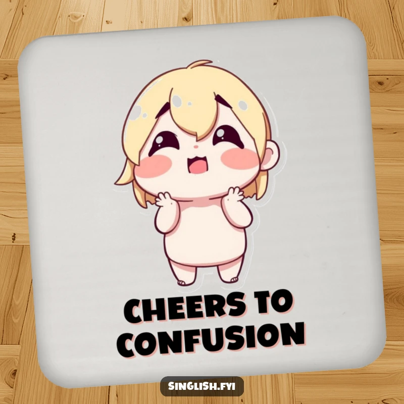 Funny Shrugging Character Coaster showing a cute character shrugging with a confused but happy expression, adding fun to tabletops.
