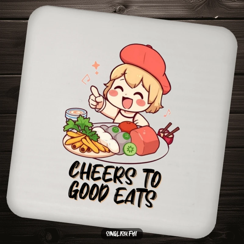 Funny foodie character coasters pointing at food, protecting surfaces with a humorous touch.