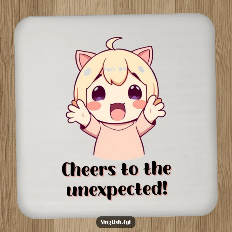 Funny Coaster: A surprised character with hands up in delight, protecting your table. Humorous and functional.