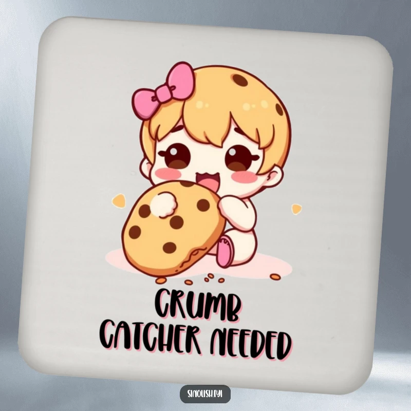 Funny Cookie Muncher Coasters: Cute character happily eating a cookie with falling crumbs, protecting furniture with a humorous and sweet design.