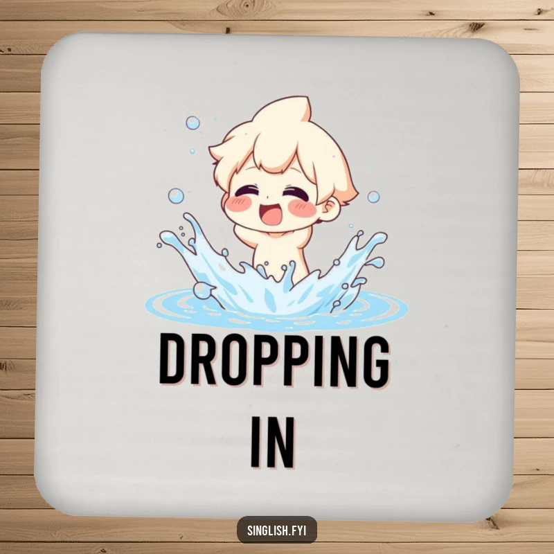 Funny Coaster Set: Character with exaggerated glee splashing water, protecting surfaces with humor.