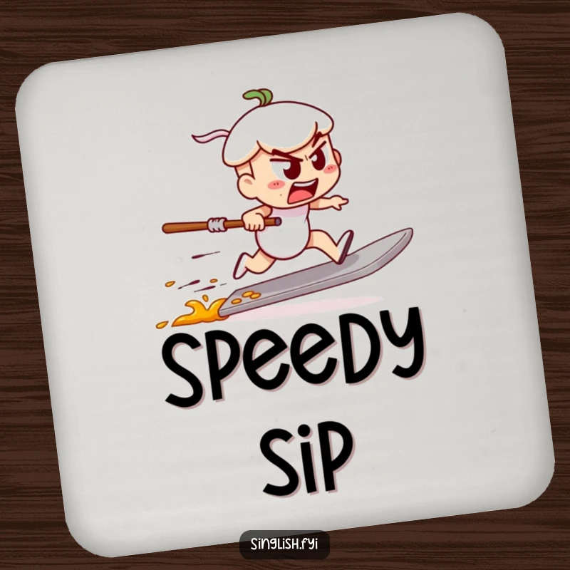Funny drink coaster featuring a determined char kway teow character speed racing on a spatula, adding dynamic and humorous flair.