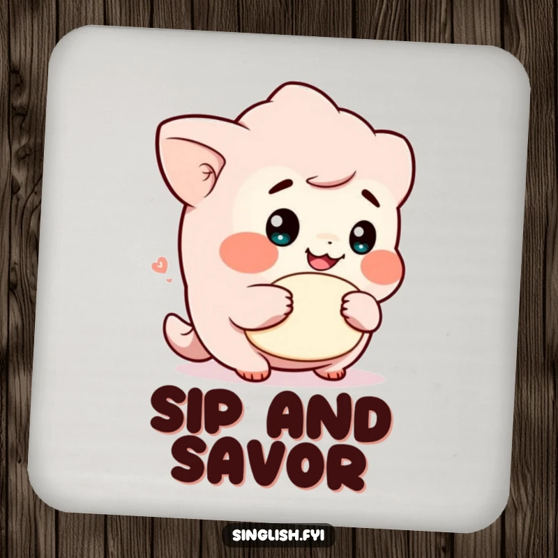Funny drink coaster showcasing a cute character with a cheeky grin holding a lah, adding a humorous touch to beverage service.