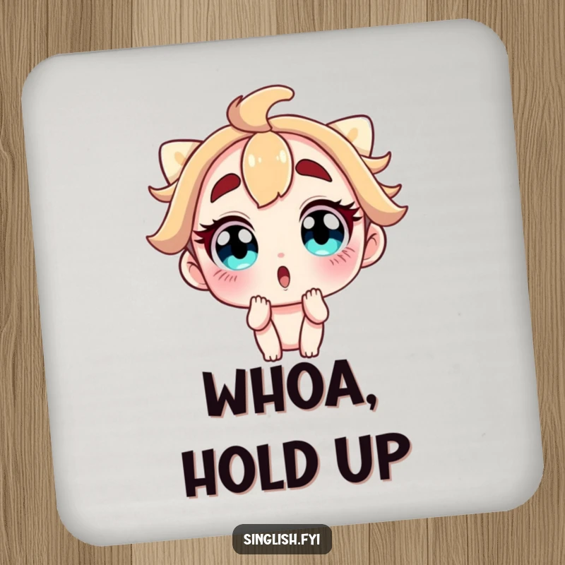 Funny drink coaster depicting a character with wide, surprised eyes and raised eyebrows, protecting tables with comical charm.