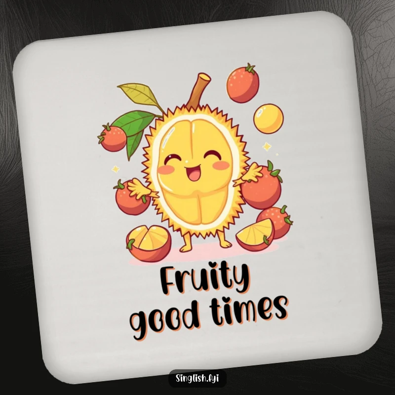 Funny Durian Coaster: A cheerful fruit juggles other fruits, protecting tables with funny tropical humor, perfect funny gift.