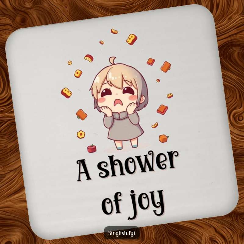 Funny food rain character coasters showing a surprised character under a rain of tiny food, protecting surfaces.
